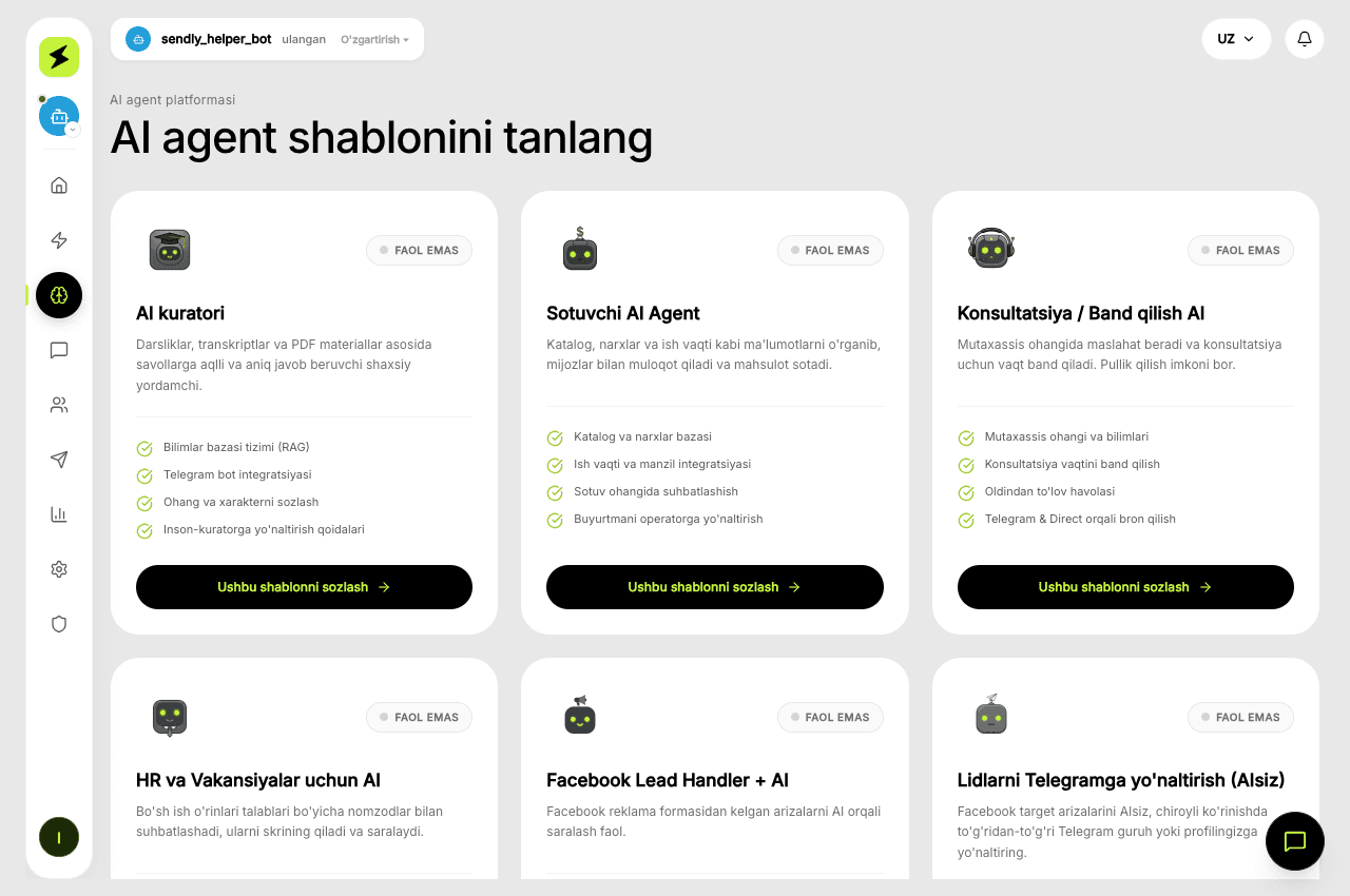 Sendly AI Ofis va AI xodimlar interfeysi